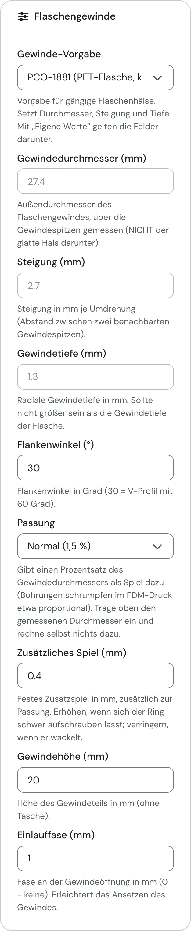 Die Karte Flaschengewinde mit der Vorgabe PCO-1881 und den gesperrten Feldern