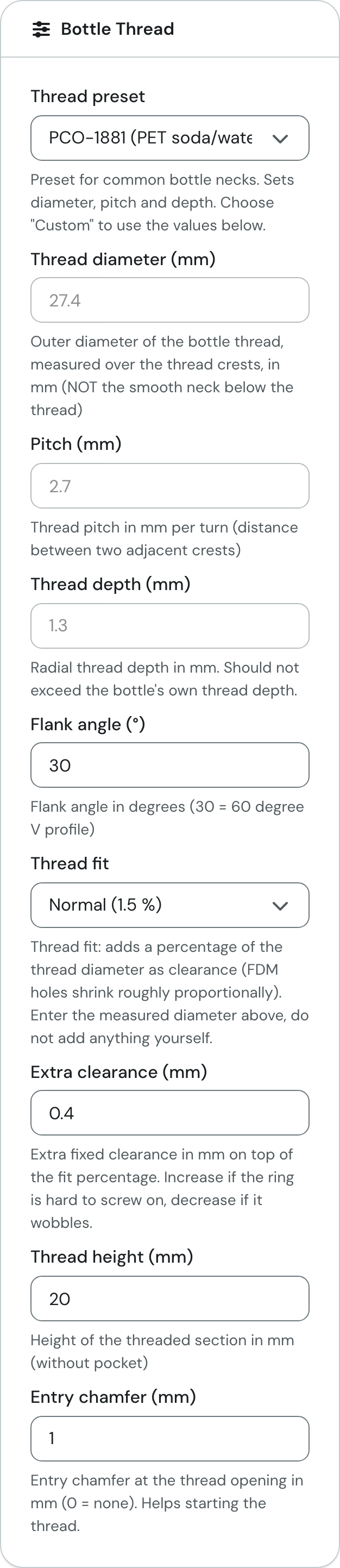 The Bottle Thread card with the PCO-1881 preset and the locked fields