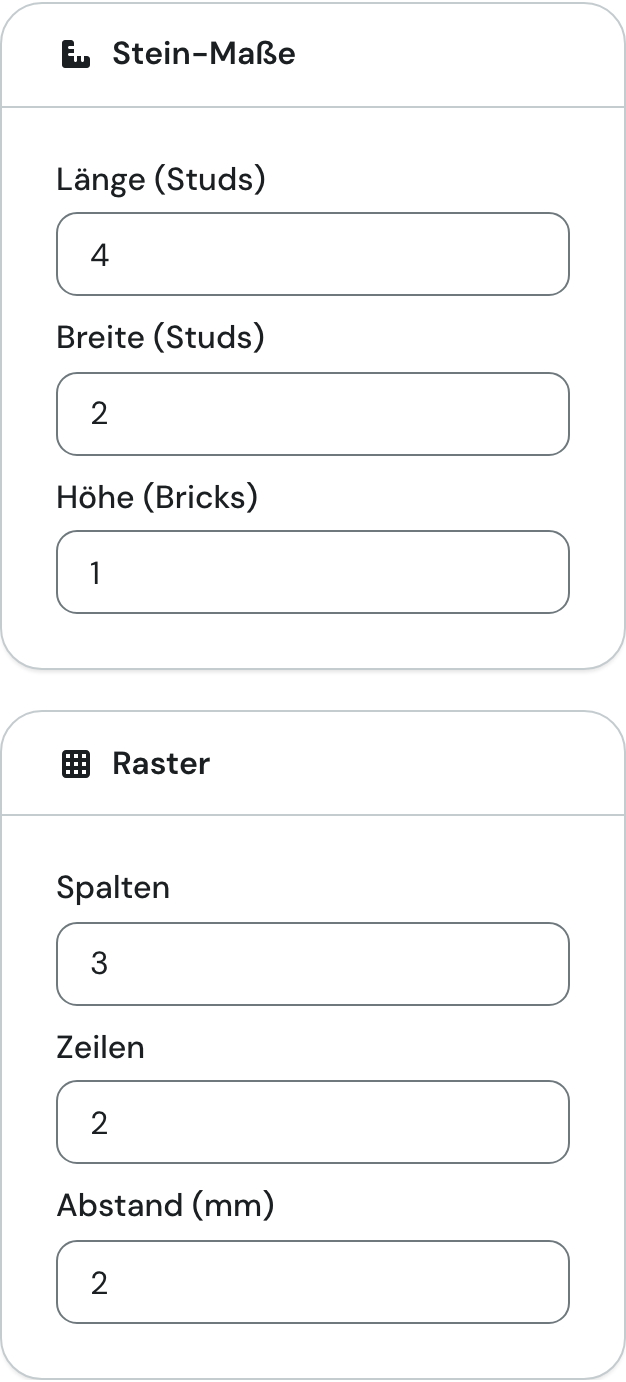 Die Karten Stein-Maße und Raster mit den Beispielwerten 4, 2, 1 sowie 3, 2 und 2 mm Abstand