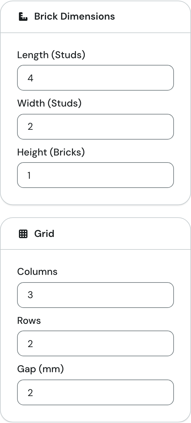 The Brick Dimensions and Grid cards with the example values 4, 2, 1 and 3, 2 and a 2 mm gap