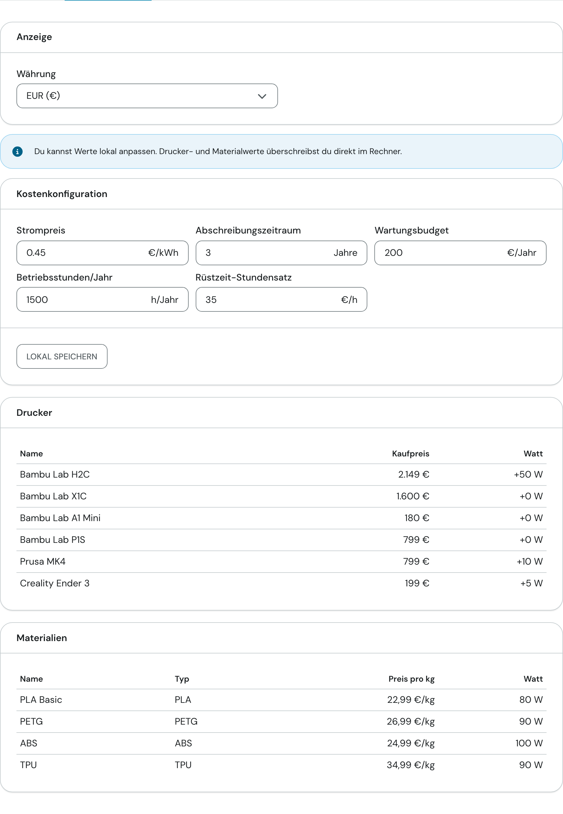 Der Tab Einstellungen mit Währung, Kostenkonfiguration und den Listen der Drucker und Materialien