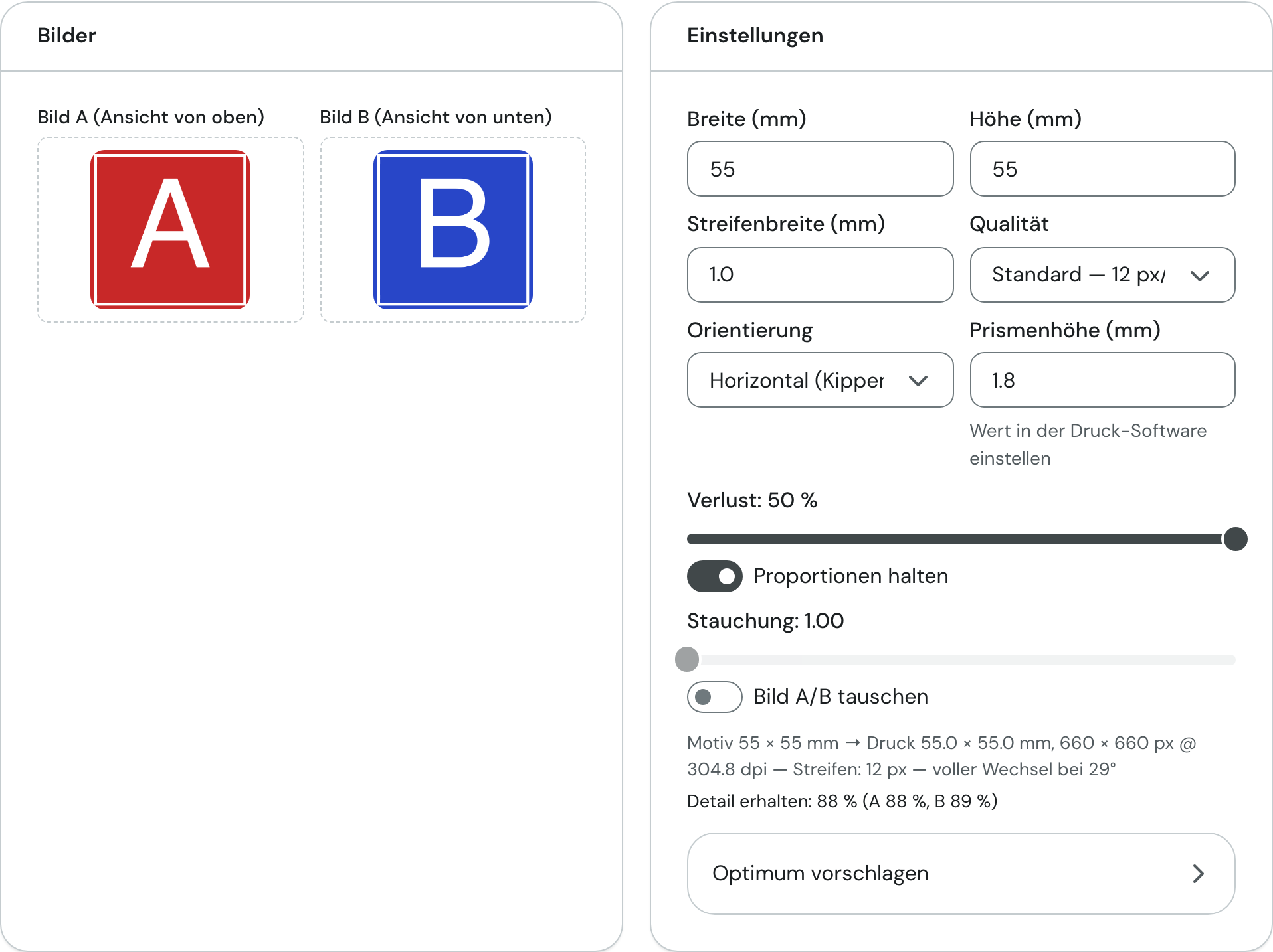 Karten Bilder und Einstellungen mit zwei geladenen Testbildern A und B und den Vorgabewerten