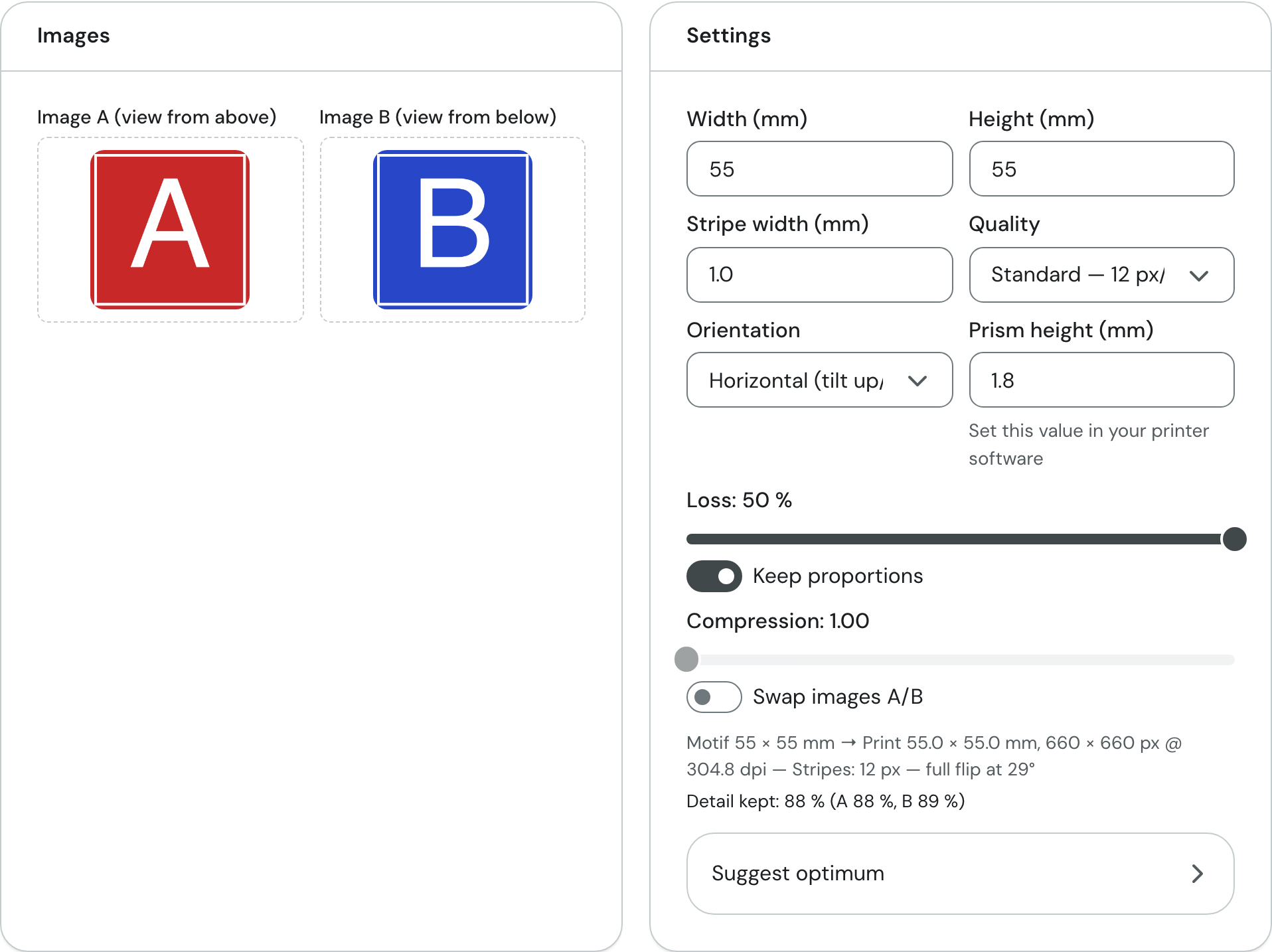 Images and Settings cards with two loaded test images A and B and the default values