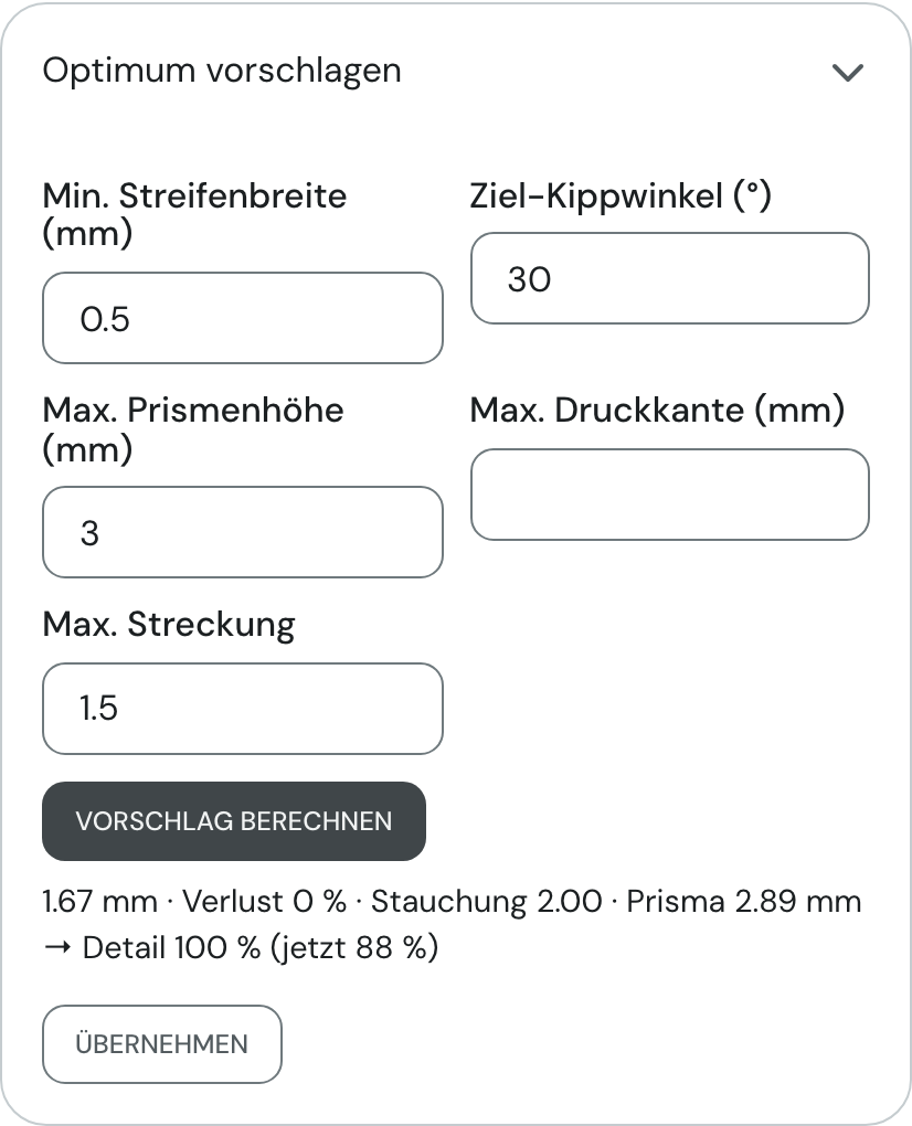 Aufgeklappter Bereich Optimum vorschlagen mit den fünf Grenzen und einem berechneten Vorschlag