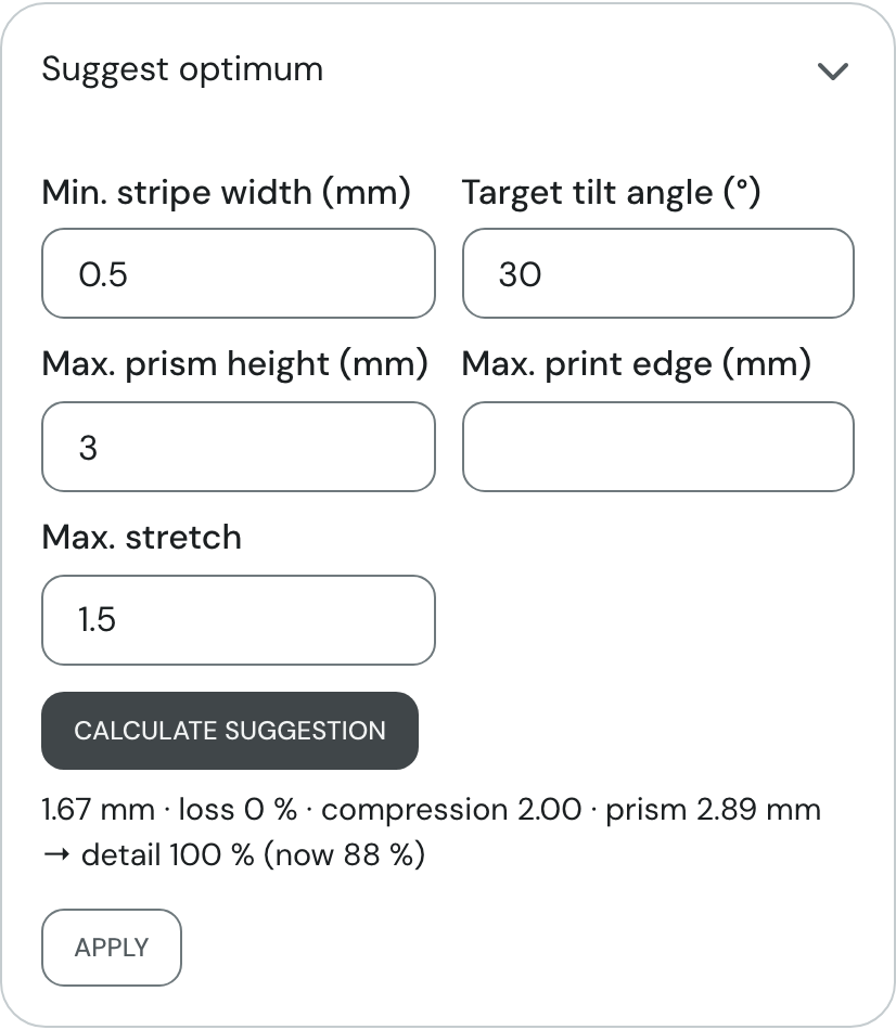 Opened Suggest optimum area with the five limits and a calculated suggestion
