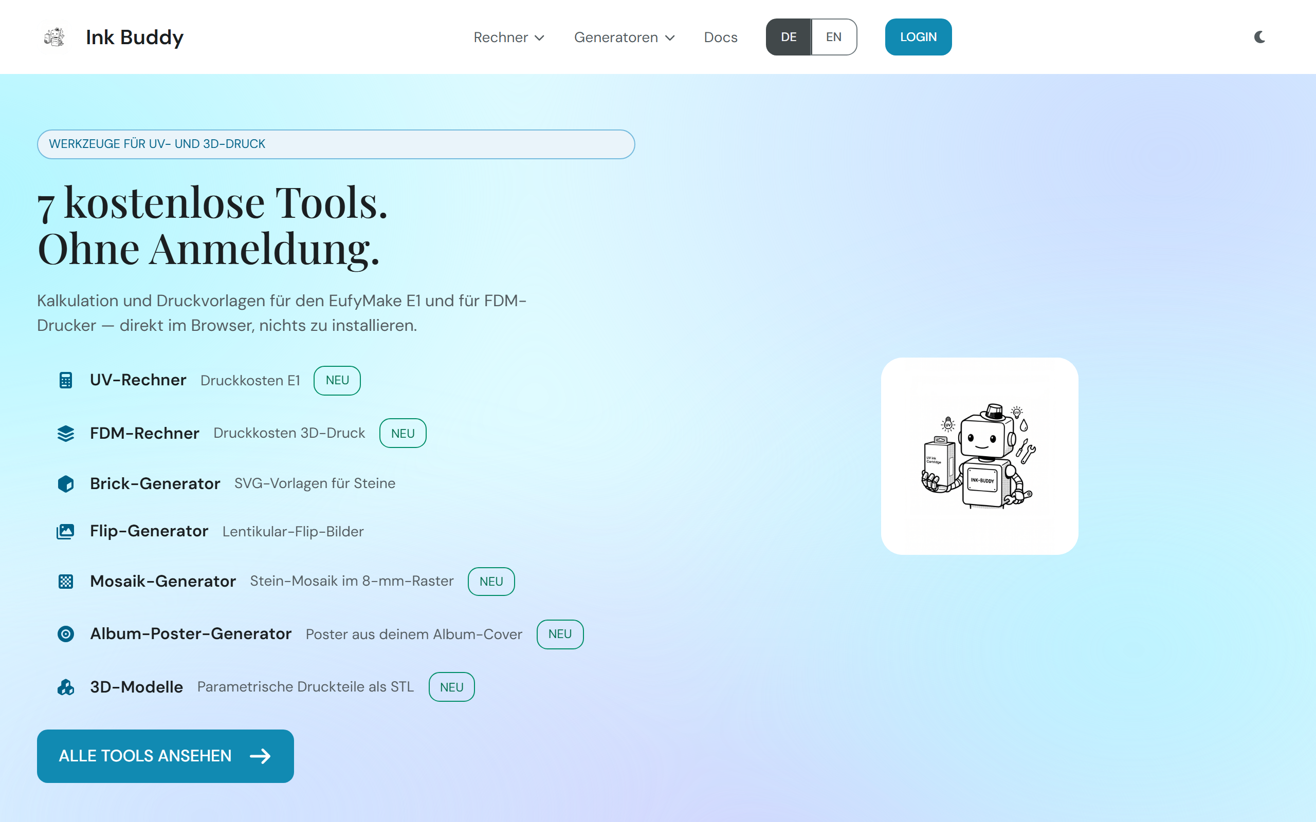 Startseite von InkBuddy mit der Liste der frei nutzbaren Tools