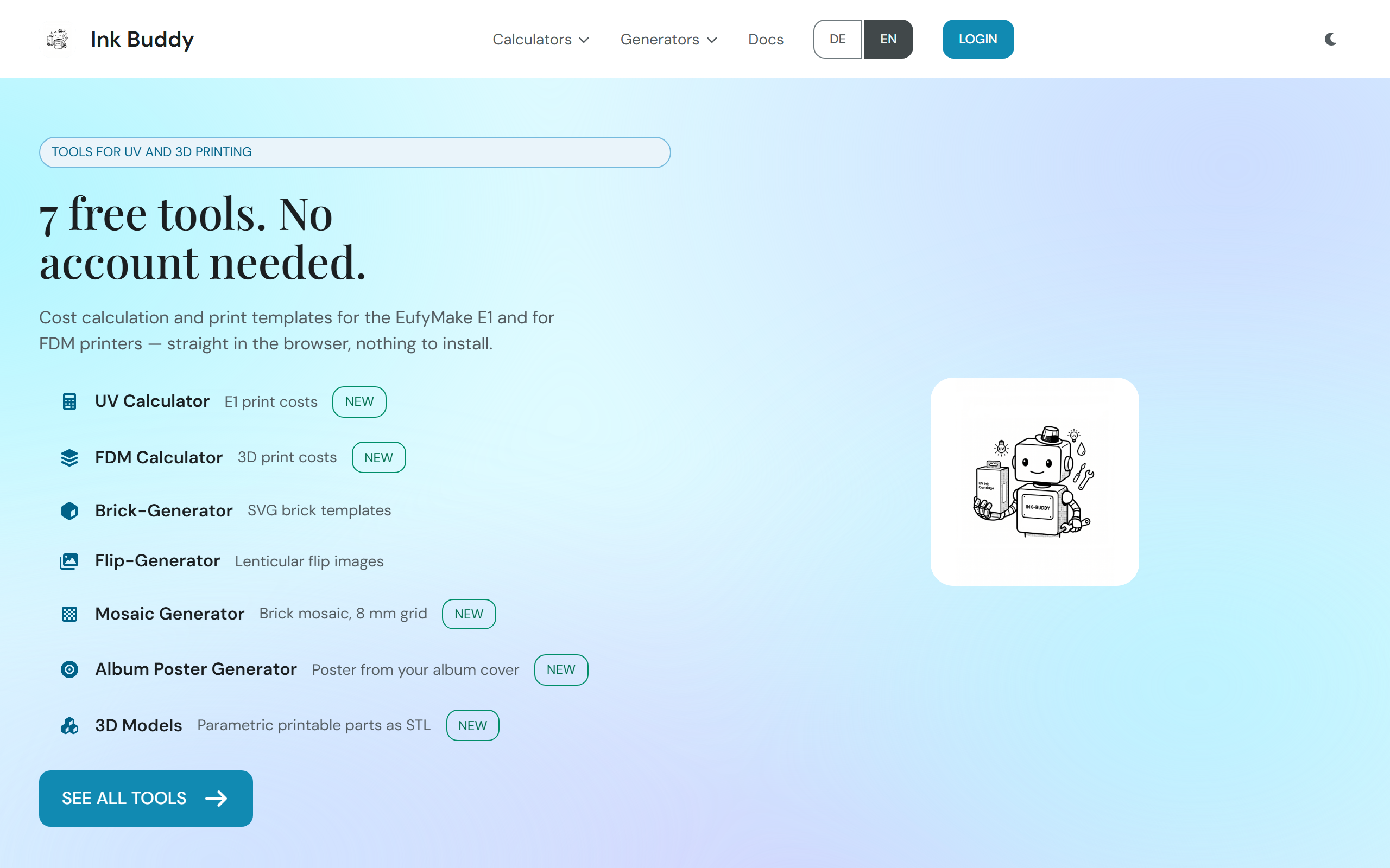 InkBuddy start page with the list of the tools that need no account