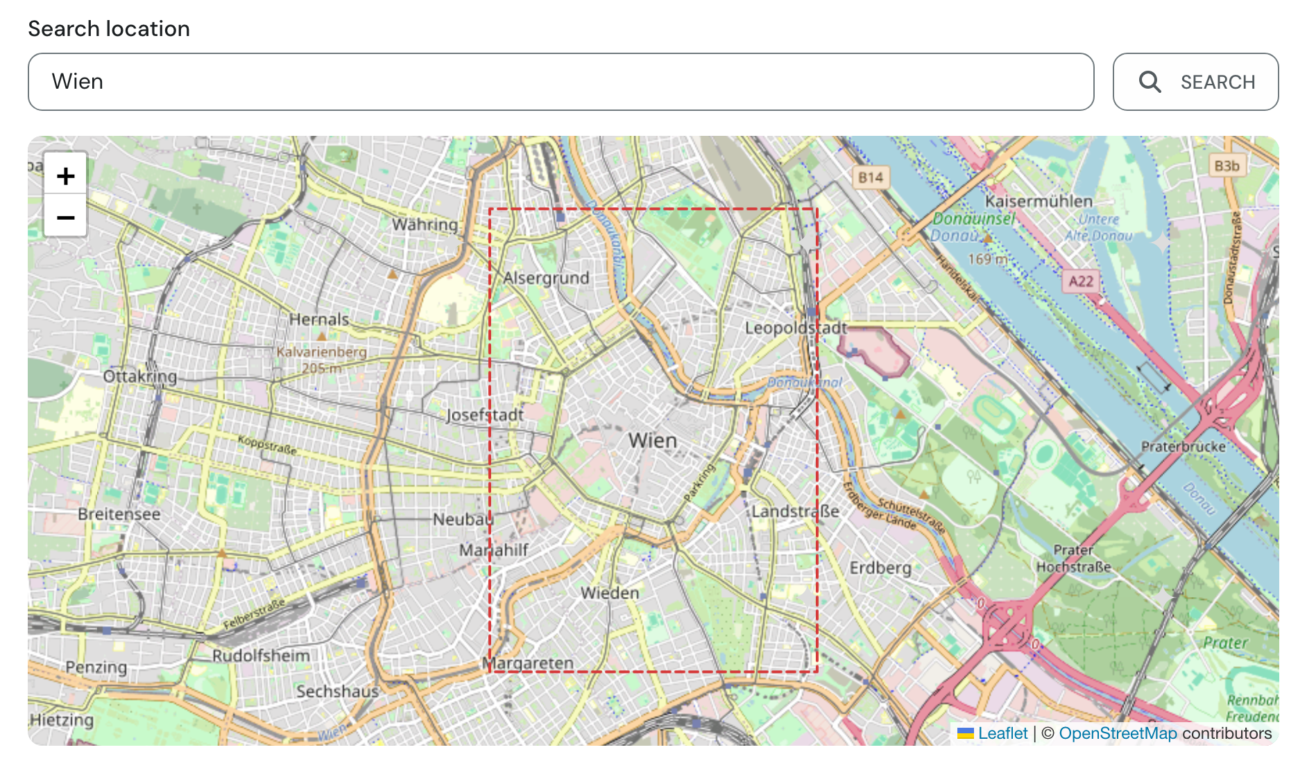 Search field with "Wien" and a map with the red dashed frame marking the poster area