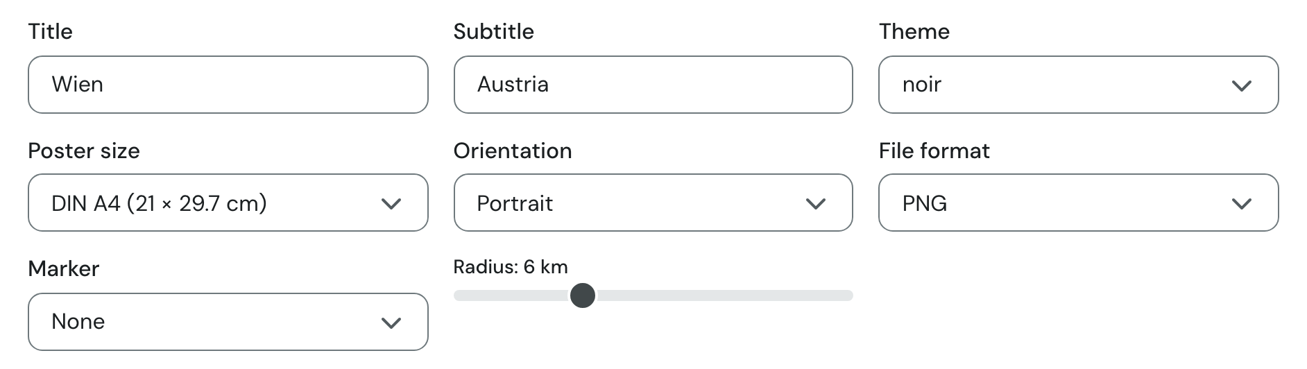Input fields with title Wien, subtitle Austria, theme noir, DIN A4, Portrait, PNG, marker None and radius 6 km