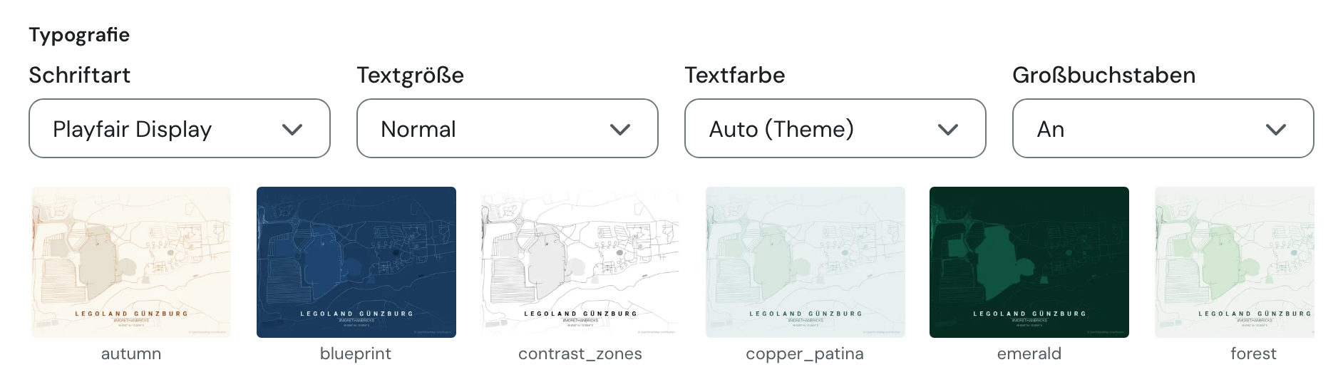 Typografie-Felder mit Schriftart Playfair Display und eine Reihe von Theme-Kacheln