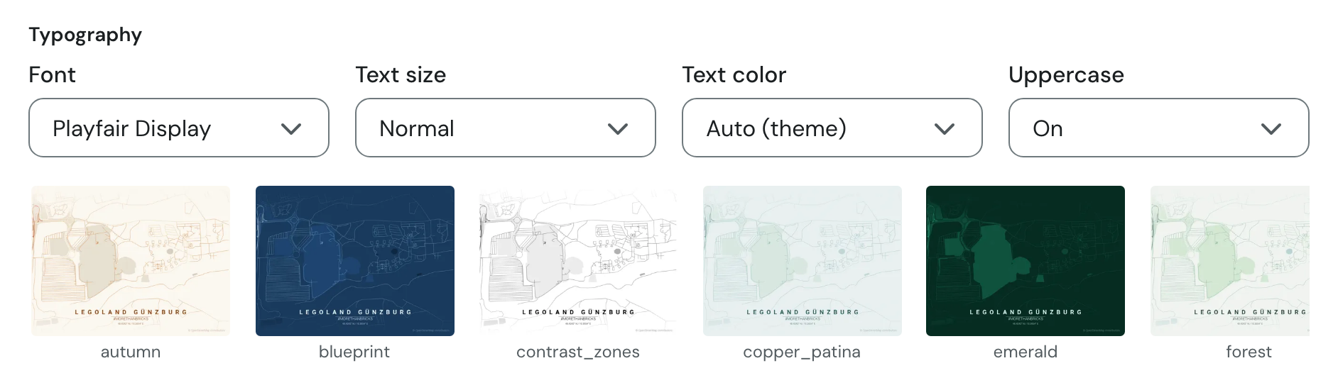 Typography fields with the font Playfair Display and a row of theme tiles