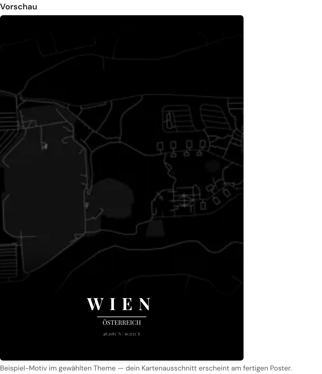 Vorschau im Theme noir mit dem Titel WIEN und dem Untertitel ÖSTERREICH in Playfair Display