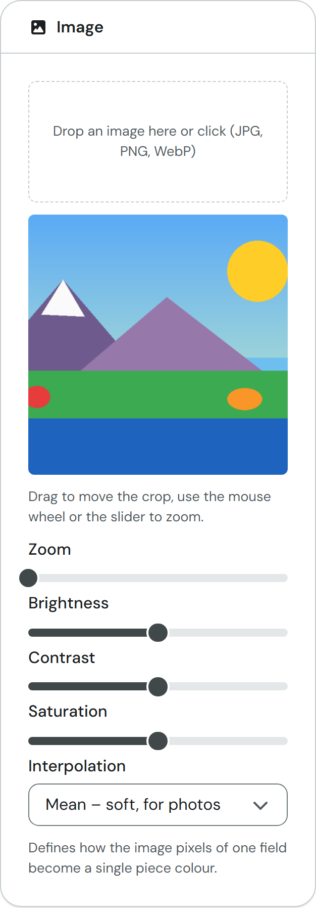 Image card with the test picture loaded, sliders for zoom, brightness, contrast and saturation, and the Interpolation selector