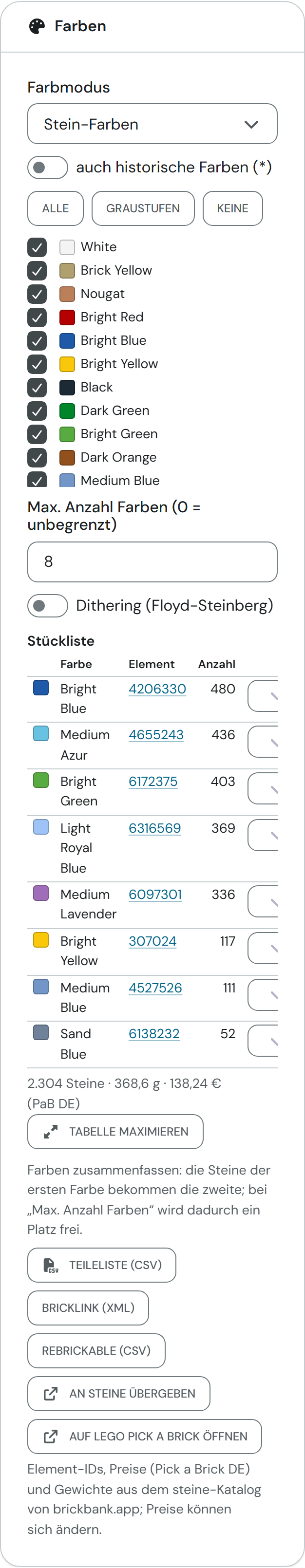 Karte Farben im Modus Stein-Farben mit Farbliste, Farbbegrenzung auf 8, Stückliste mit Elementnummern und Summe sowie den Knöpfen für die Teilelisten und für steine und Pick a Brick
