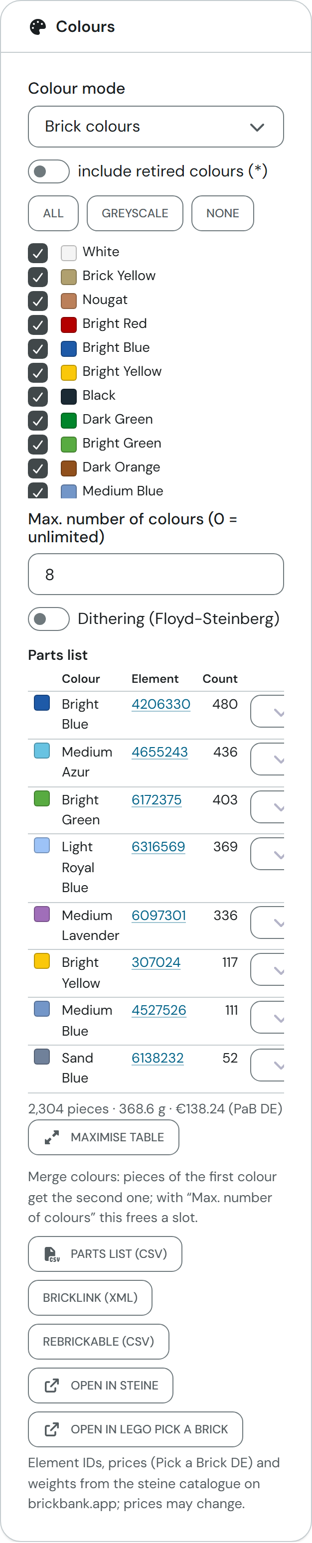 Colours card in Brick colours mode with the colour list, the limit of 8 colours, the parts list with element numbers and the total, and the buttons for the parts files and for steine and Pick a Brick