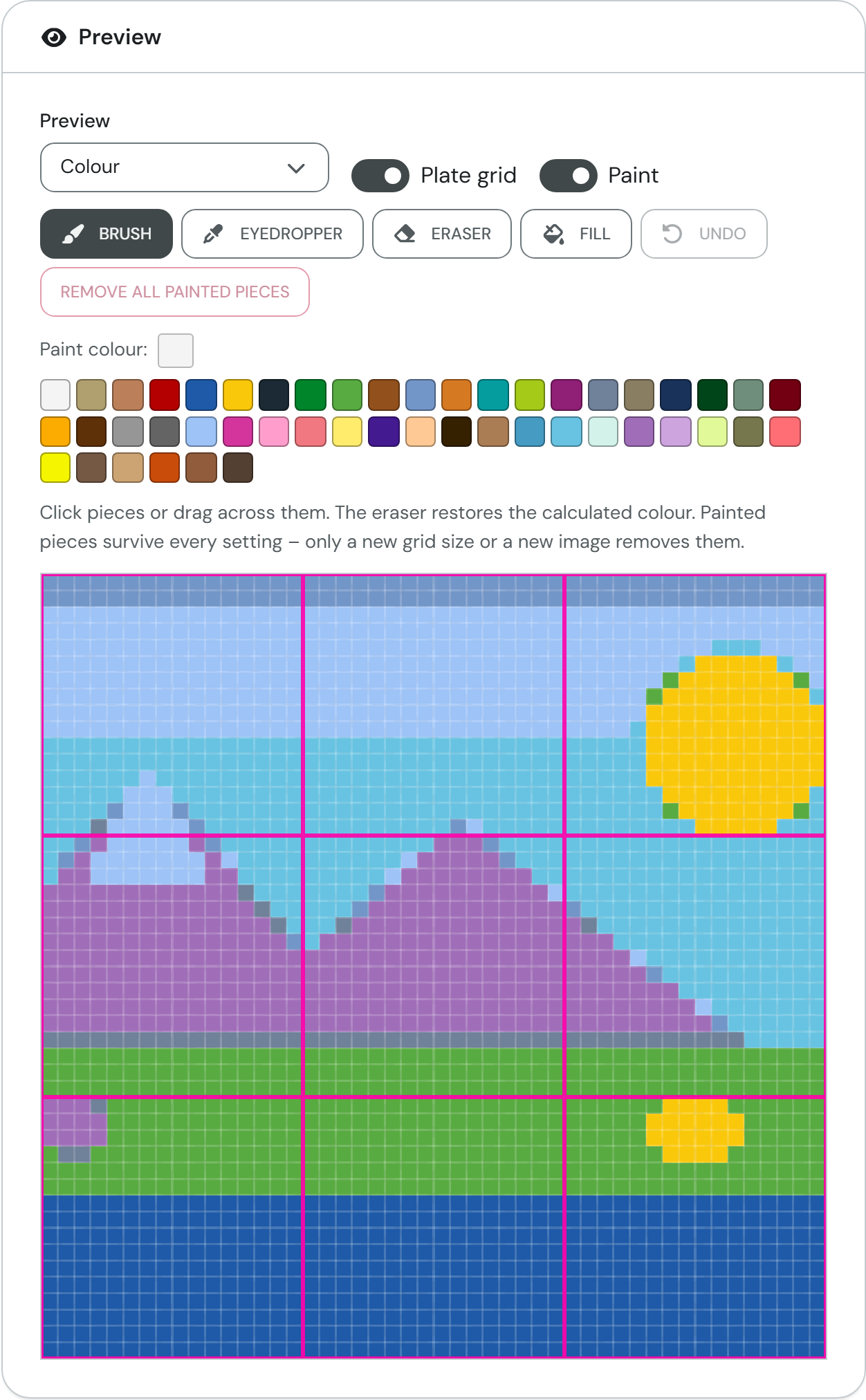Preview card with the mosaic, the plate grid in pink and Paint switched on with its toolbar