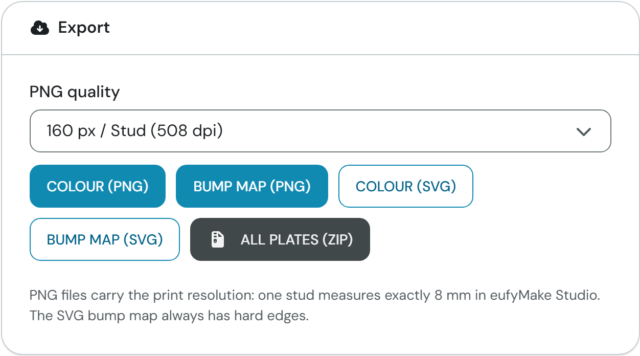 Export card with PNG quality and the five download buttons