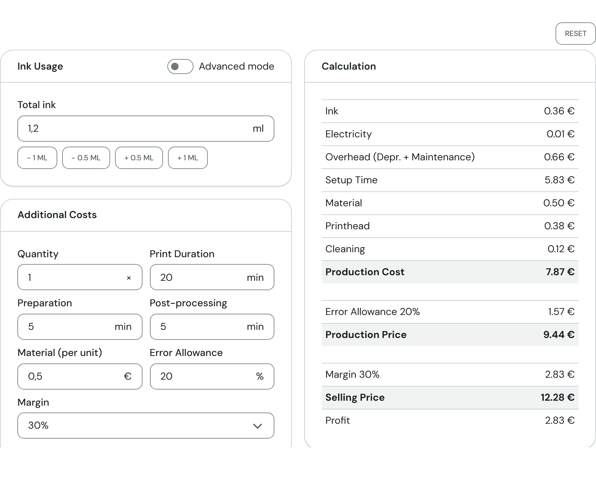 The Calculator tab with filled-in fields on the left and the Calculation card on the right