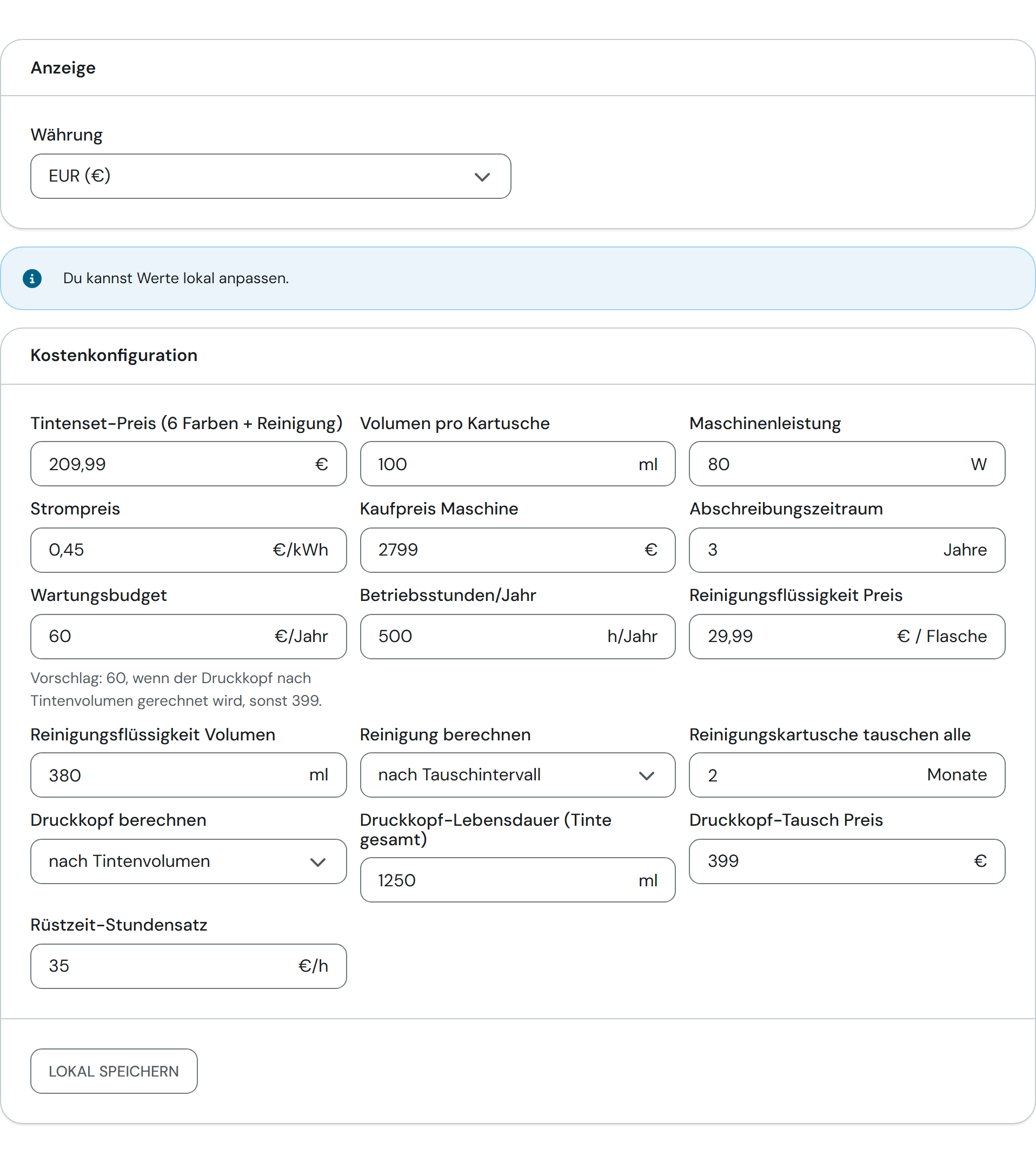 Der Tab Einstellungen mit Währung und Kostenkonfiguration