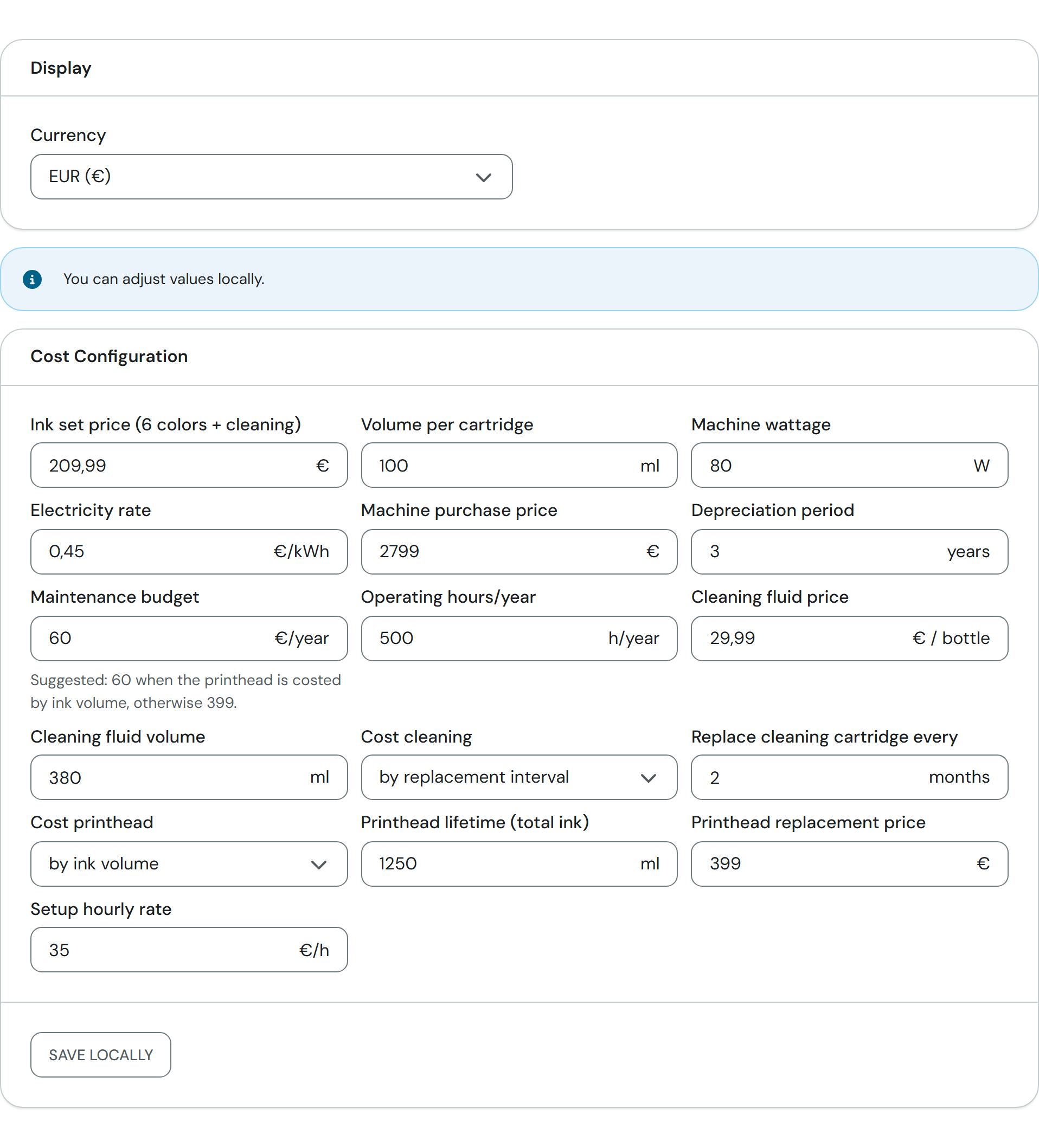 The Settings tab with currency and cost configuration