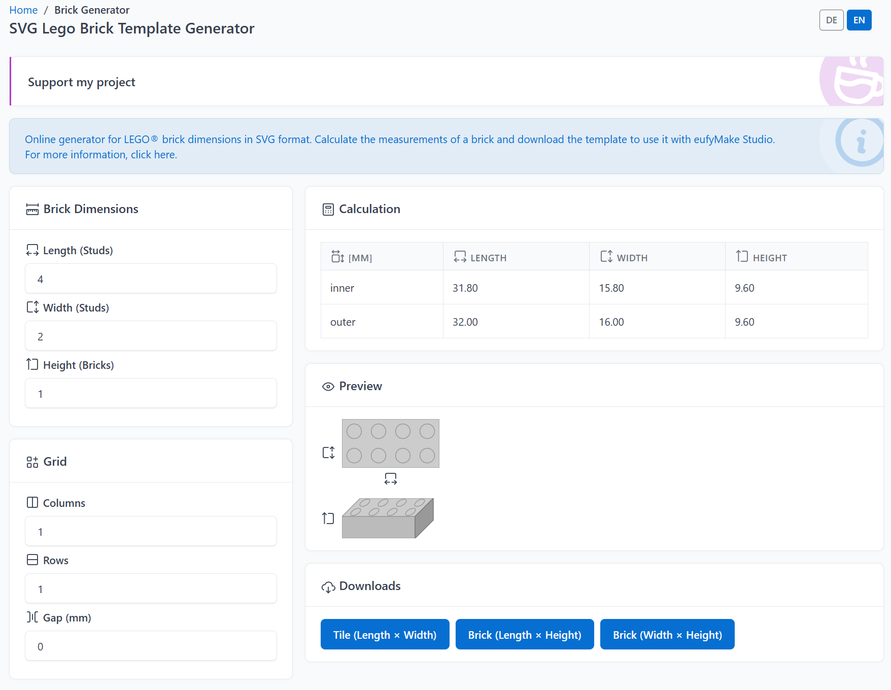 Screenshot: SVG Brick Generator overview